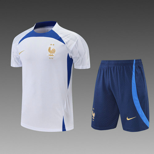 france training shorts + manches courtes de foot 2022-2023 bleu blanc homme