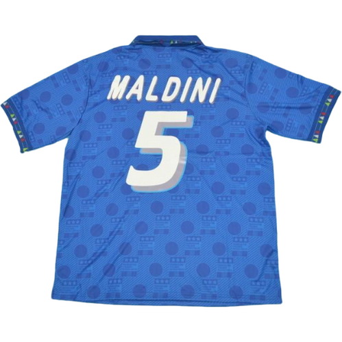 italie domicile maillots de foot copa mundial 1994 maldini 5 bleu homme