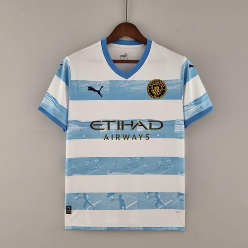 manchester city commemorative maillots de foot 2022-2023 blanc bleu homme