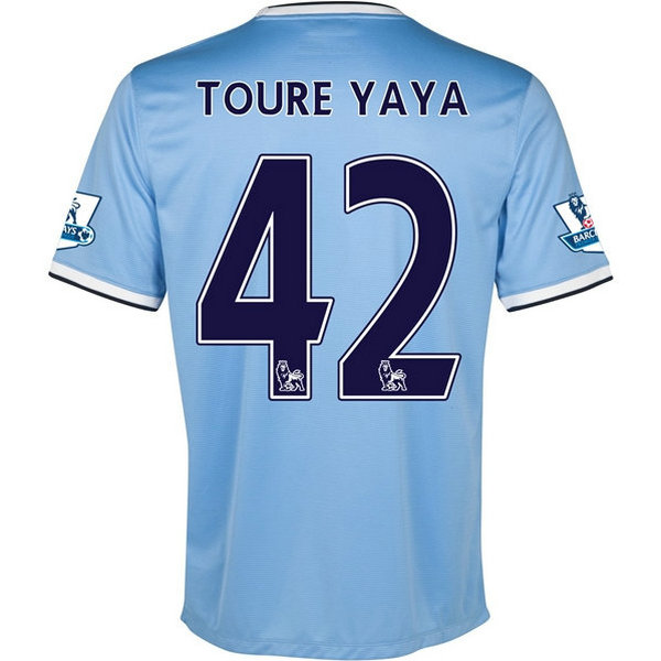 manchester city domicile maillots de foot 2013-2014 toure yaya 42 bleu homme