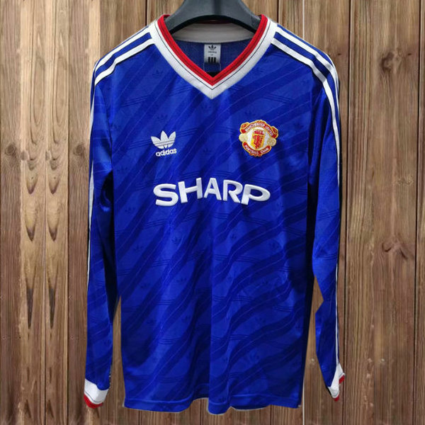 manchester united troisième maillots de foot 1986-1988 manches longues bleu homme