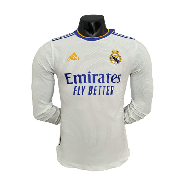 real madrid domicile maillots de foot 2021 2022 player manches longues blanc homme