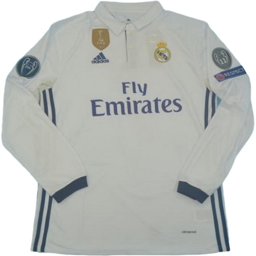 real madrid domicile maillots de foot ucl 2016-2017 manches longues blanc homme